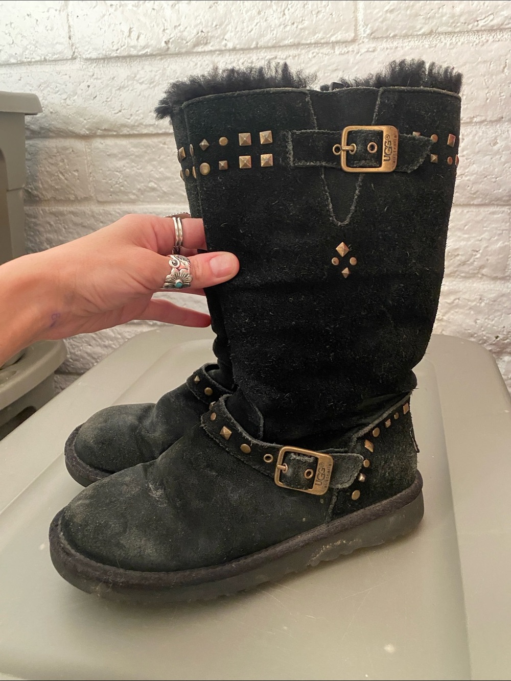 🖤 Rare Vintage Sheep Skin UGGS Black Suede Studded with Buckles